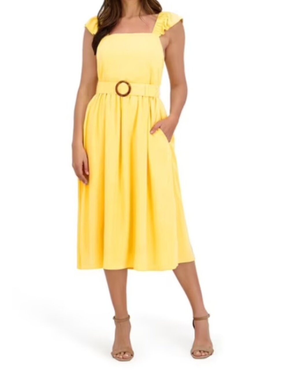 French Connection Yellow Belted Dress NWT Size Large Ruffle Strap Square Neck